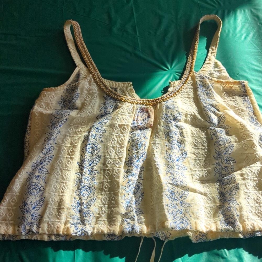 Free people linen tank top beaded boho style hippie gypsy drawstring adjustable